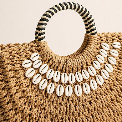 Women's Straw Woven Shell Handbag with Round Handle