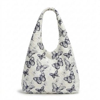 Butterfly Print Hobo Tote Bag with Lace Texture and Shoulder Handle