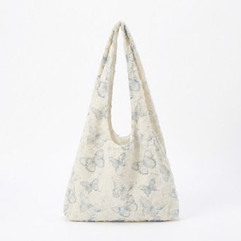 Butterfly Print Hobo Tote Bag with Lace Texture and Shoulder Handle