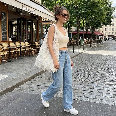 Fringe Hobo Tote Bag with Textured Design and Shoulder Handle