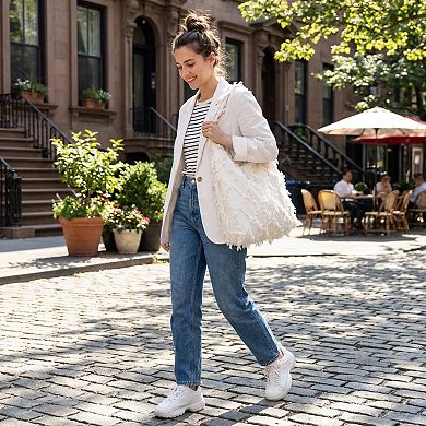 Fringe Hobo Tote Bag with Textured Design and Shoulder Handle
