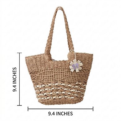Woven Look Straw Tote Bag with Braided Handles and Charm Detail
