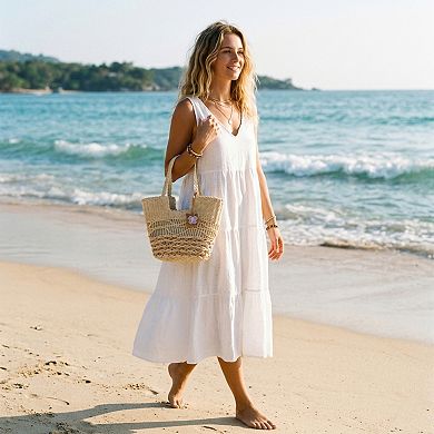 Woven Look Straw Tote Bag with Braided Handles and Charm Detail