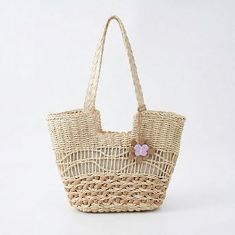 Woven Look Straw Tote Bag with Braided Handles and Charm Detail