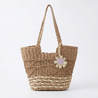 Woven Look Straw Tote Bag with Braided Handles and Charm Detail
