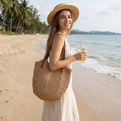 Cotton Crochet Woven Tote Bag with Shoulder Straps and Inner Pocket