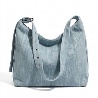 Washed Denim Look Hobo Tote Bag with Adjustable Shoulder Strap