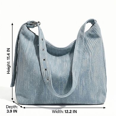 Washed Denim Look Hobo Tote Bag with Adjustable Shoulder Strap