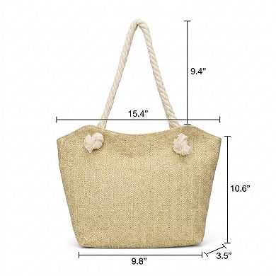 Woven Look Tote Bag with Rope Handles and Zipper Closure