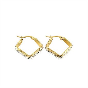 Cubic Zirconia Square Hoop Earings - 18K Gold Plated Stainless Steel Sparkling Inlaid Earrings