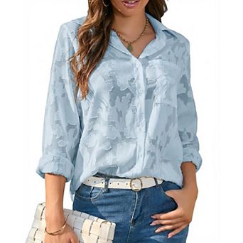 Women's Long Sleeve Chiffon Jacquard Shirt Semi-Sheer Elegant Beachwear Style Button Down Shirt Top