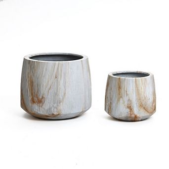 LuxenHome 2 pc Marble White with Brown Ribbons Texture MgO Planter Set, Indoor and Outdoor