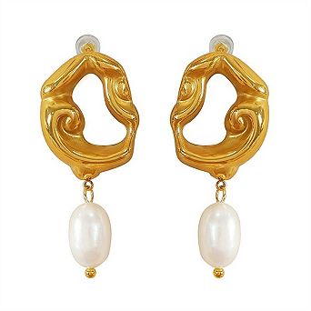 French Lava Pearl Dangle Earrings for Women - 18K Gold Plated Irregular Hollow Drop Earrings