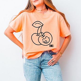 S.W.Smiley Cherry Face Outline - Women's Garment Dyed Graphic T-Shirt