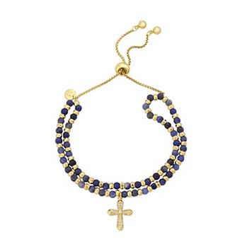Love This Life® 14k Gold Flash Plated Cubic Zirconia Cross Sodalite Beaded Bolo Bracelet