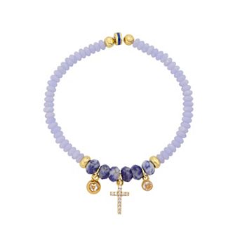 Love This Life® 14k Gold Flash Plated Cubic Zirconia Cross Beaded Stretch Bracelet