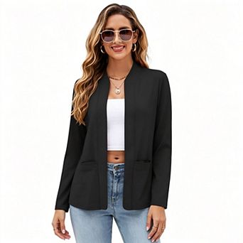 Kojooin Long Sleeve Collarless Cardigan Jacket with Pockets Open Front