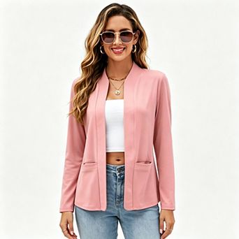 Kojooin Long Sleeve Collarless Cardigan Jacket with Pockets Open Front