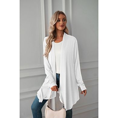 Kojooin Long Sleeve Collarless Long Cardigan Jacket with Open Front