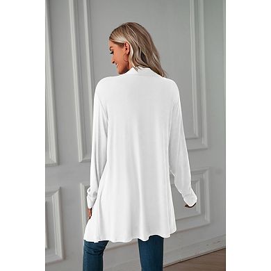 Kojooin Long Sleeve Collarless Long Cardigan Jacket with Open Front