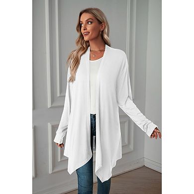 Kojooin Long Sleeve Collarless Long Cardigan Jacket with Open Front