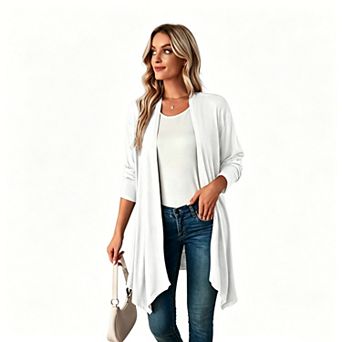 Kojooin Long Sleeve Collarless Long Cardigan Jacket with Open Front