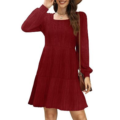 Womens Square Neck Long Sleeve Fall Dress Casual