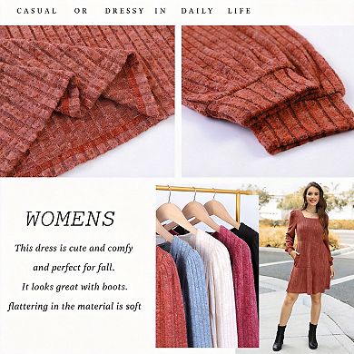 Womens Square Neck Long Sleeve Fall Dress Casual