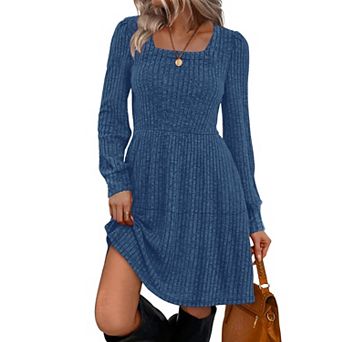Womens Square Neck Long Sleeve Fall Dress Casual