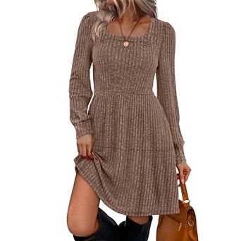 Womens Square Neck Long Sleeve Fall Dress Casual