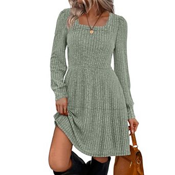 Womens Square Neck Long Sleeve Fall Dress Casual
