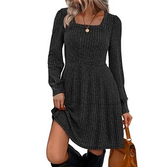Womens Square Neck Long Sleeve Fall Dress Casual
