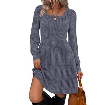 Womens Square Neck Long Sleeve Fall Dress Casual