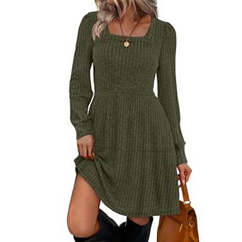 Womens Square Neck Long Sleeve Fall Dress Casual