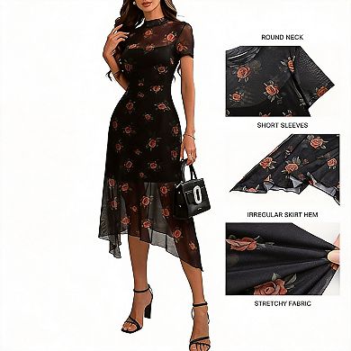 Women's VintGoth Mesh Midi Dress Irregular Hem Wedding Guest