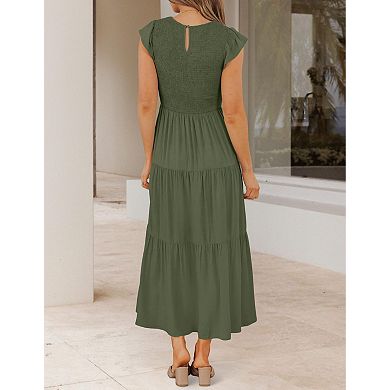 Women's Summer Flutter Sleeve Smocked Midi Dress