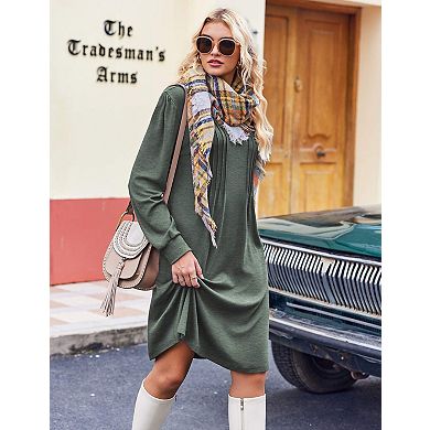 Women Pleated V Neck A Line Tunic Dress
