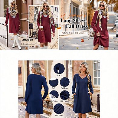 Women Pleated V Neck A Line Tunic Dress