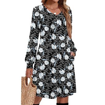 Women Pleated V Neck A Line Tunic Dress