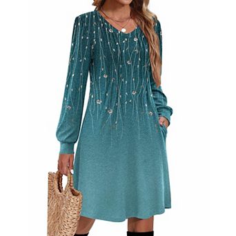 Women Pleated V Neck A Line Tunic Dress