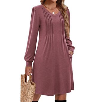 Women Pleated V Neck A Line Tunic Dress