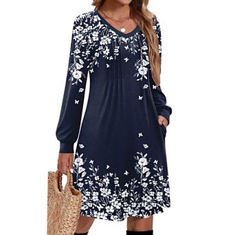 Women Pleated V Neck A Line Tunic Dress