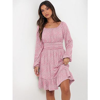 autumn Lantern Sleeve Square Neck Ruffle A-line Dress