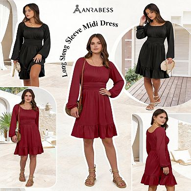 autumn Lantern Sleeve Square Neck Ruffle A-line Dress