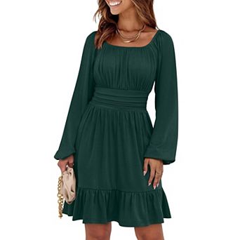 autumn Lantern Sleeve Square Neck Ruffle A-line Dress