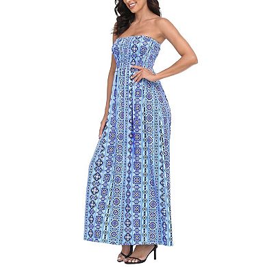 Women's Strapless Maxi Dress Smocked Tube Top Boho Beach Cover Up