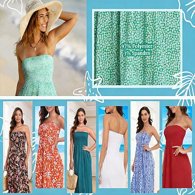 Women's Strapless Maxi Dress Smocked Tube Top Boho Beach Cover Up