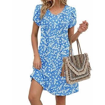Women Summer A Line V Neck Pleated Dress Boho Floral