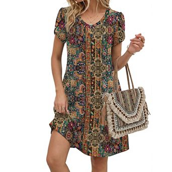 Women Summer A Line V Neck Pleated Dress Boho Floral