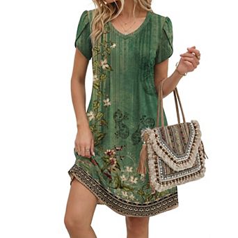 Women Summer A Line V Neck Pleated Dress Boho Floral